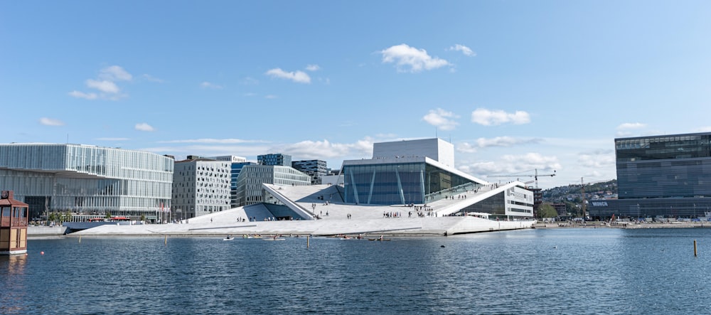 a building next to a body of water