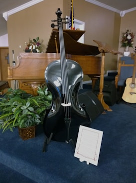 A black cello is prominently standing in front of a wooden grand piano in a room with blue carpet. Surrounding the cello are decorative plants in a square pot, a music stand with sheet music, and a guitar leaning against a chair. In the background, there is a lectern and an American flag, with flower arrangements on both sides.