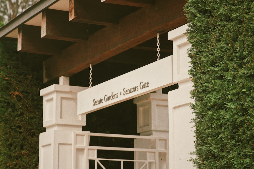 a white building with a sign