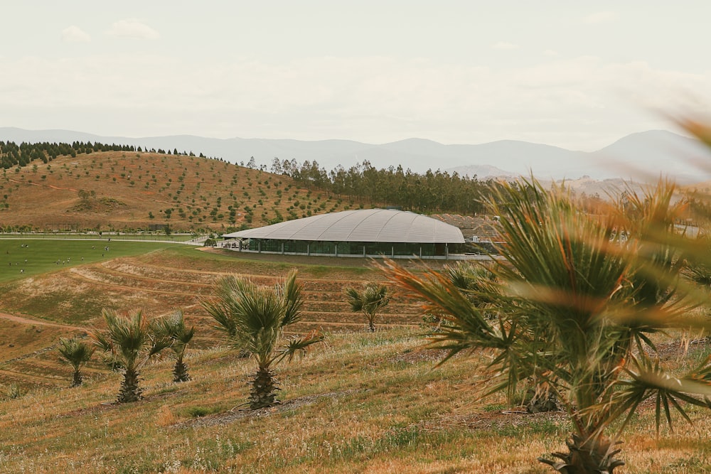 a building with a field and trees in front of it