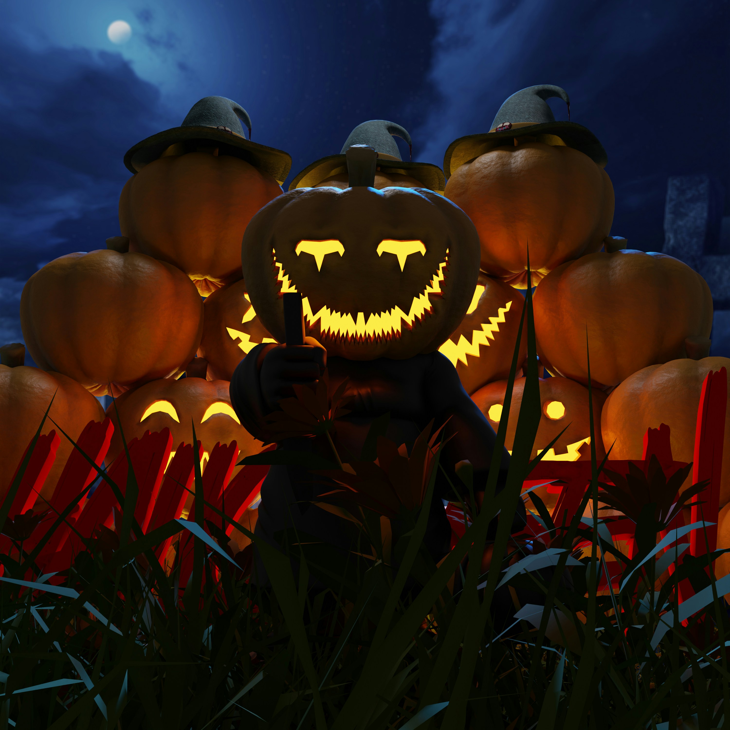 a group of pumpkins with lights