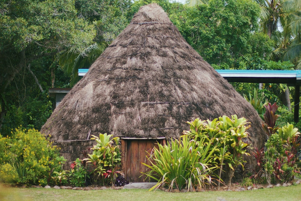 a grass hut in a garden