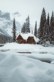 A rustic wooden cabin surrounded by snow-capped mountains and tall evergreen trees.