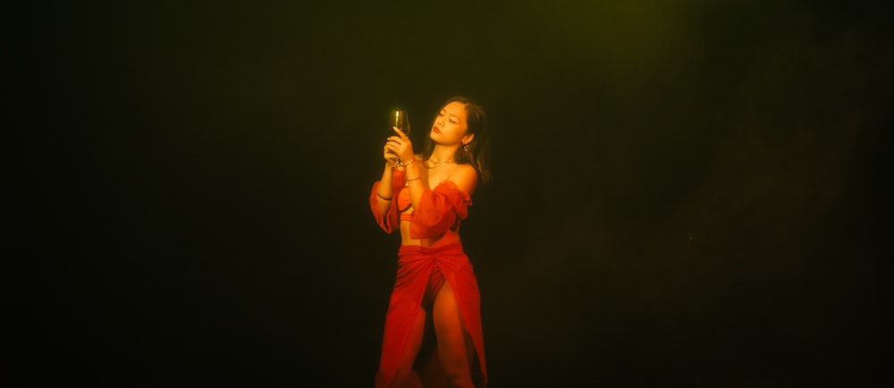 a woman in a red dress