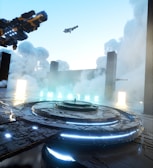 A futuristic scene featuring a large hovering spacecraft with illuminated blue lights and intricate surface details. Several smaller aircraft are flying in the background among large clouds and tall, rectangular structures. The word 'IMAGINE' is displayed in glowing letters, set against a hazy sky.