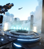 A futuristic scene featuring a large hovering spacecraft with illuminated blue lights and intricate surface details. Several smaller aircraft are flying in the background among large clouds and tall, rectangular structures. The word 'IMAGINE' is displayed in glowing letters, set against a hazy sky.