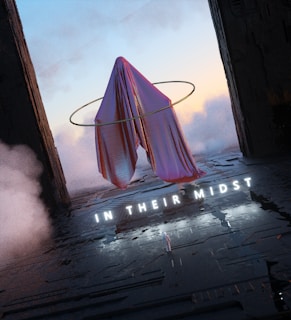 A surreal scene features a draped fabric suspended in mid-air, surrounded by a glowing ring. The setting is futuristic, with dark architectural structures on either side and a misty sky in the background. The words 'IN THEIR MIDST' are illuminated on the ground below.