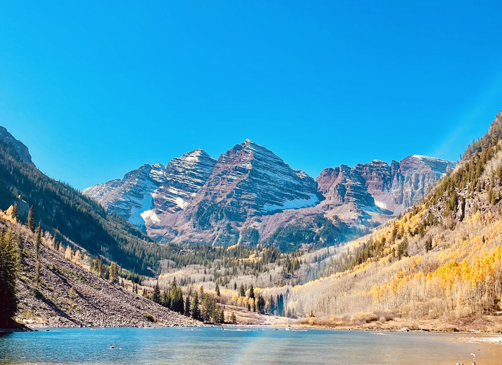 a lake with mountains in the background