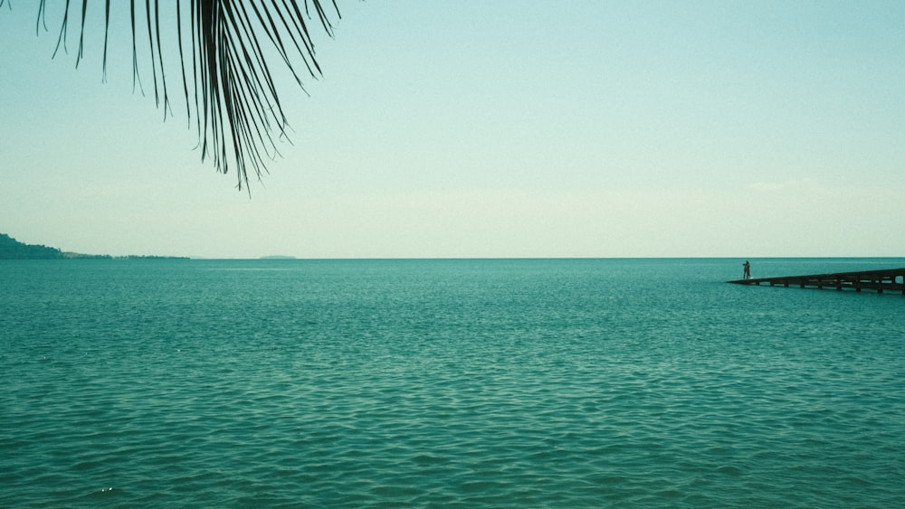 a body of water with a dock and a person standing on it