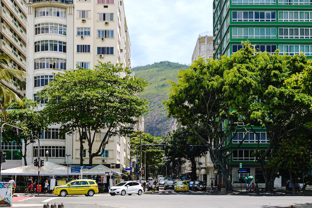 a street with cars and trees