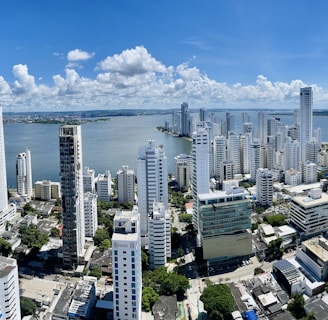a city with tall buildings and a body of water in the background