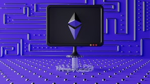 An ultra-modern office corner featuring a holographic Gemini Digital Crew logo glowing in dark purple and red.