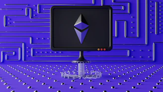 A modern corporate office with digital security icons overlayed on a dark blue background.