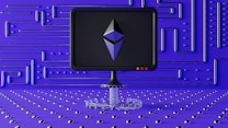 A dark computer screen displays a geometric shape resembling a logo, set against a futuristic blue wall with a maze-like pattern of raised lines and dots. The foreground features a base made of connected hexagons, adding to the high-tech aesthetic.