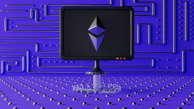 A dark computer screen displays a geometric shape resembling a logo, set against a futuristic blue wall with a maze-like pattern of raised lines and dots. The foreground features a base made of connected hexagons, adding to the high-tech aesthetic.