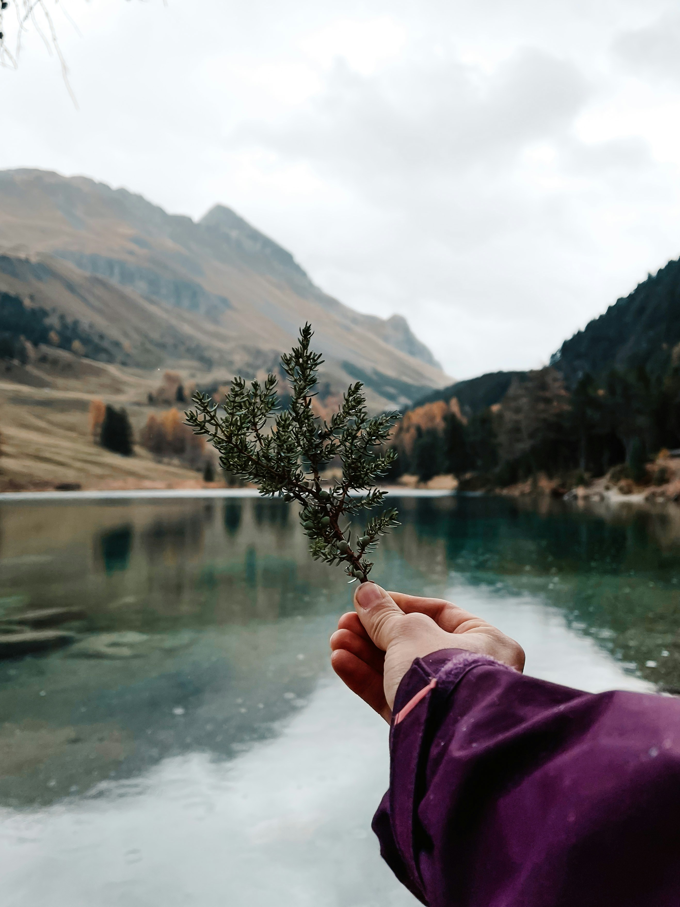 a person's foot on a rock in front of a lake
