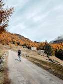A solitary hiker walking along a forest path lined with autumn leaves.