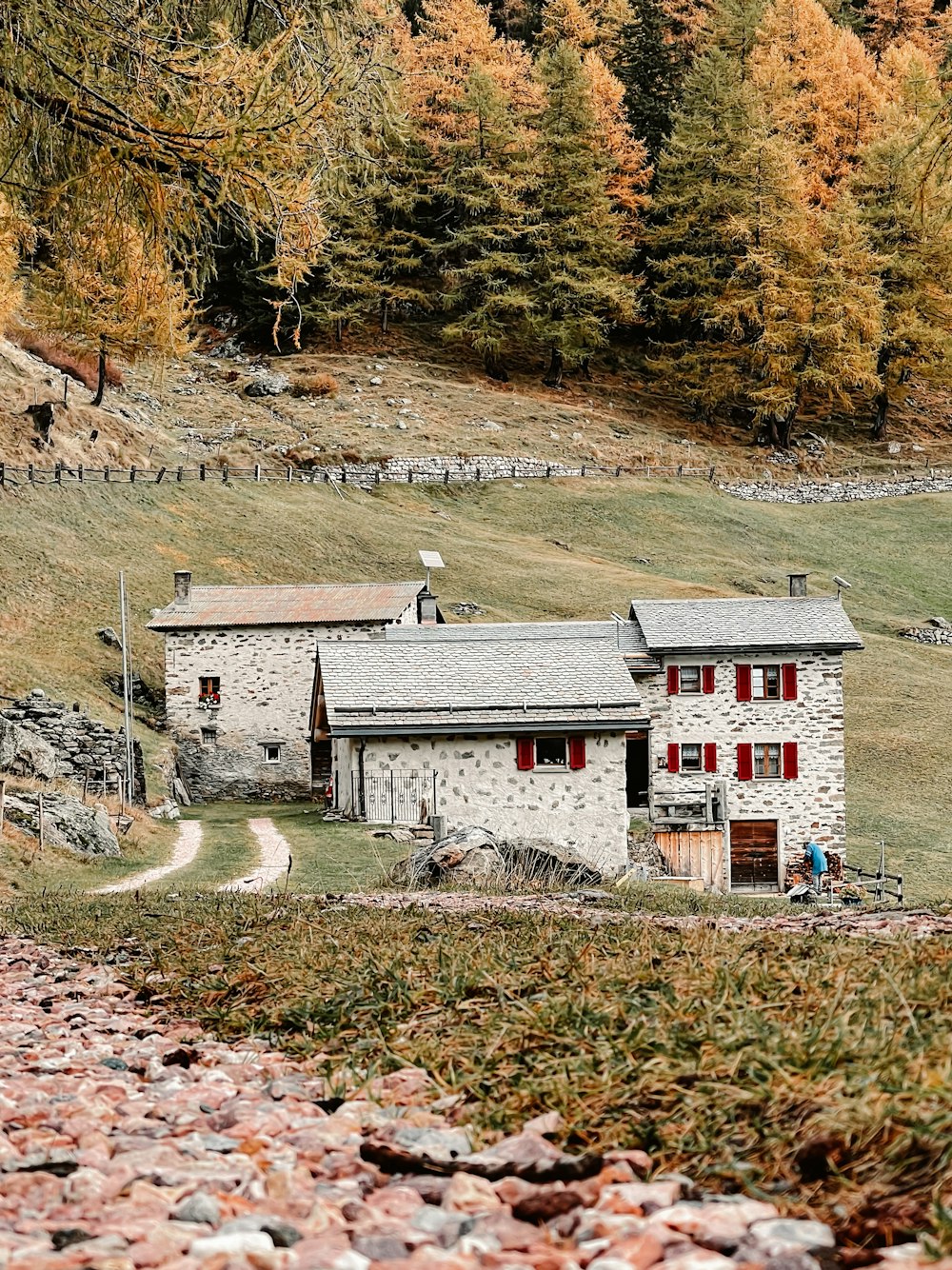 a couple of buildings next to a rocky hill with trees in the background