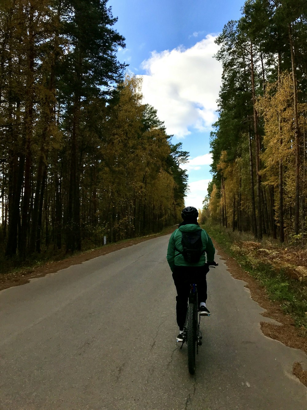 a person riding a bicycle on a road surrounded by trees