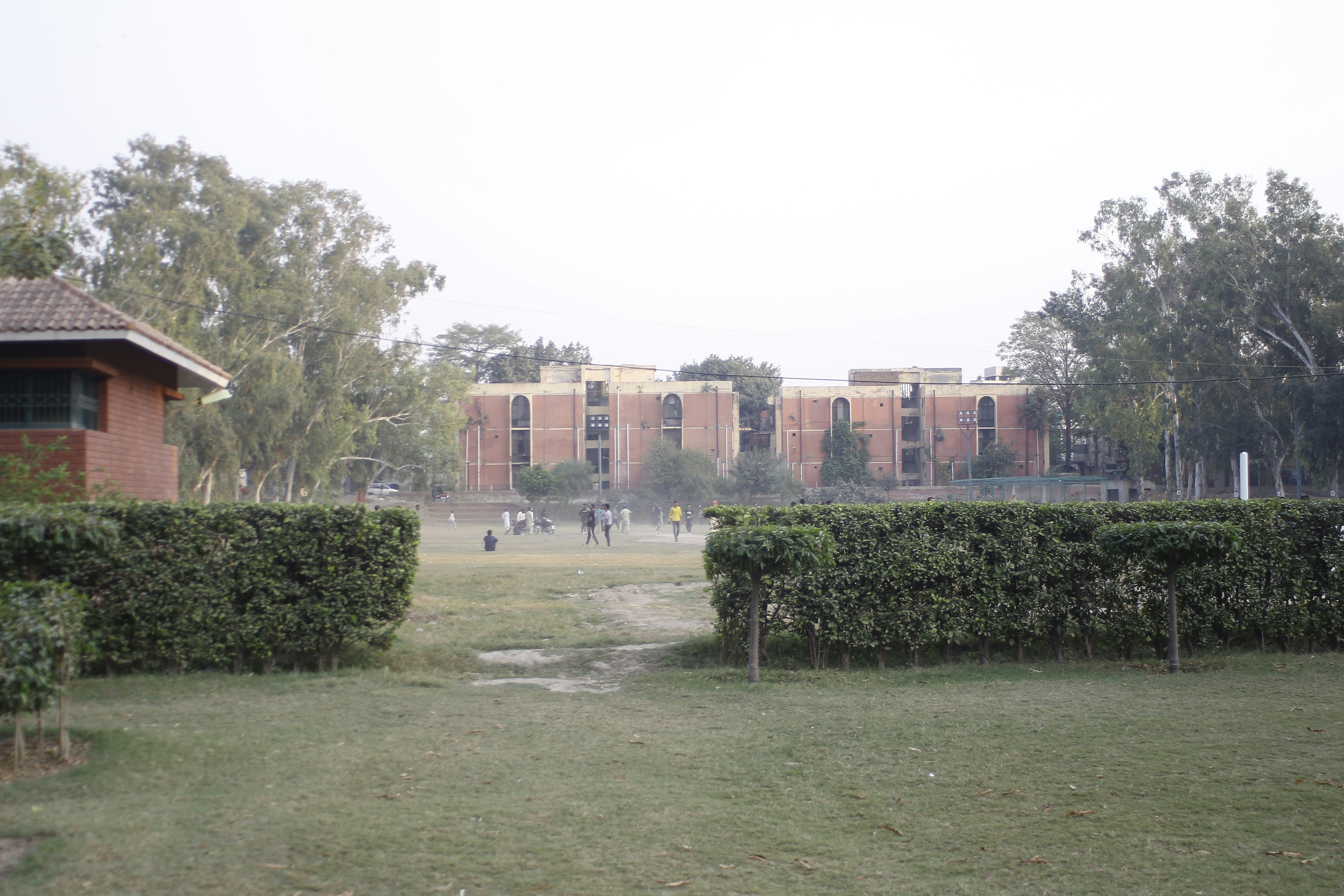 a group of people walking in a park in front of a building