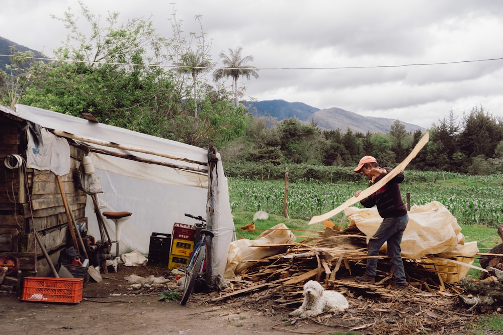 a person with a shovel and a dog in a yard with a fence and trees and mountains in