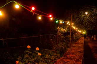 Multi-color solar lights casting a gentle glow along a patio pathway.