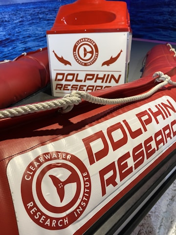 The image features a close-up of a research boat deck with prominent signage related to dolphin research. The text 'Dolphin Research' and 'Clearwater Research Institute' is clearly visible on banners. The setup includes inflatable pontoons and ropes, with a blue water backdrop adding to the aquatic theme.