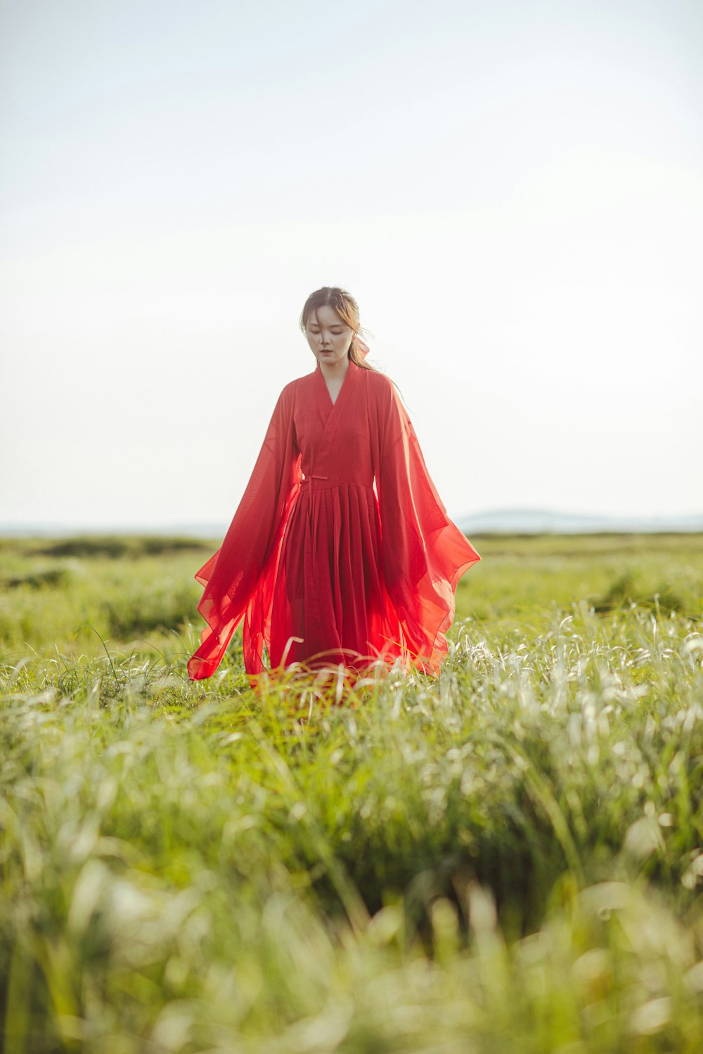 a person in a red dress standing in a field of flowers
