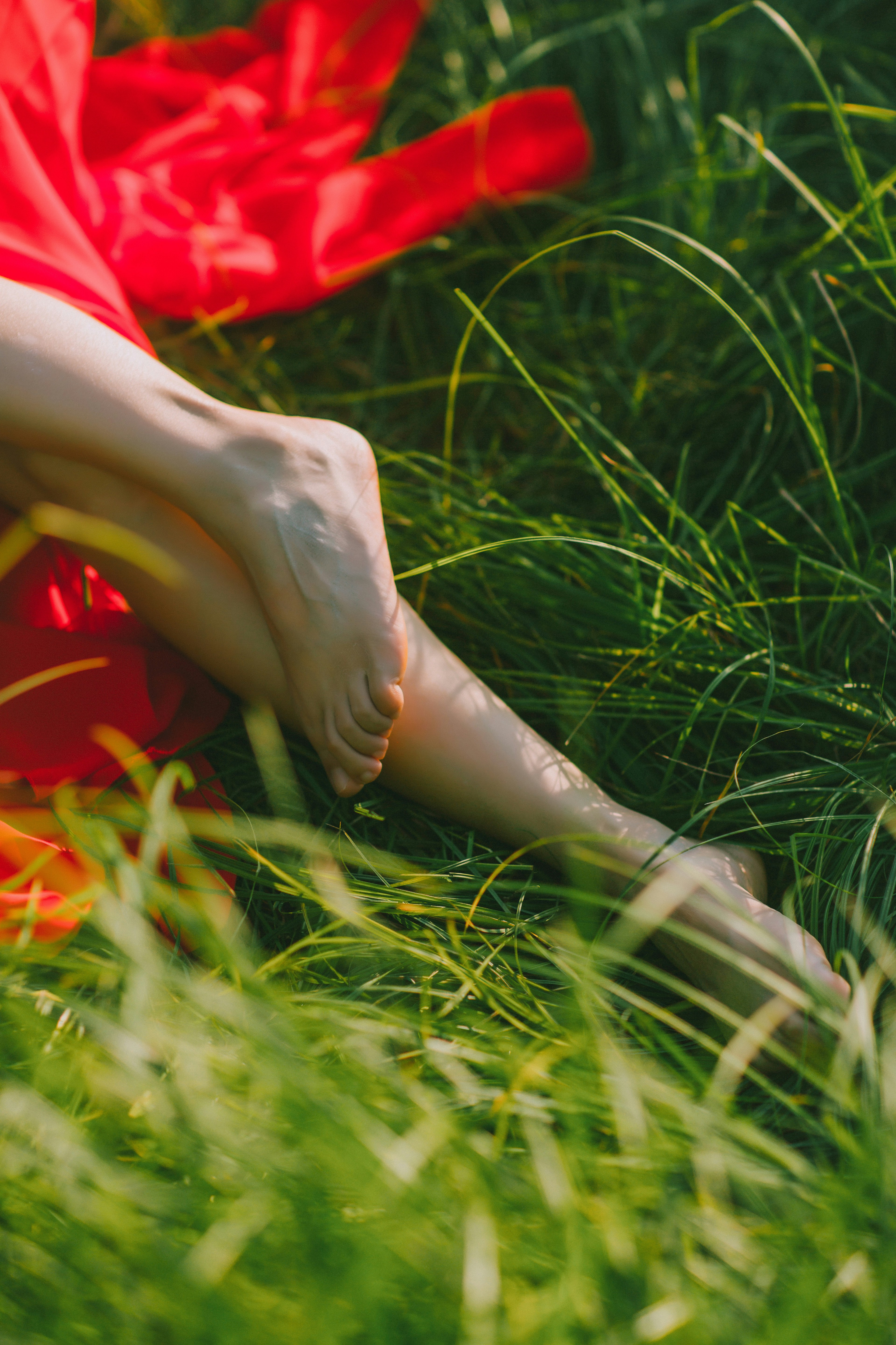a hand holding a red and white object in grass