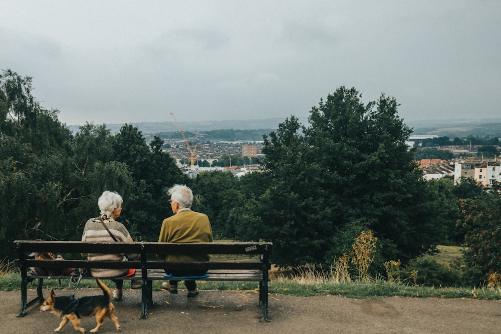 an elderly couple sitting on a bench with a dog