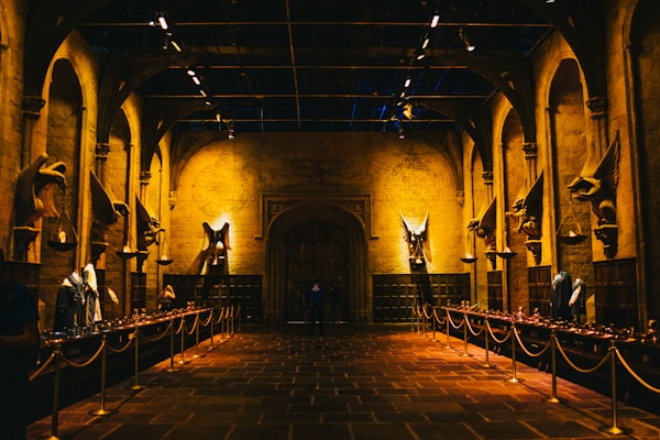 A grand, dimly lit hall with high stone arches and ornate wall carvings. Rows of medieval-style sculptures, possibly of animals or mythical creatures, line the sides. The floor is made of large stone tiles and the overall ambiance is one of historical grandeur.