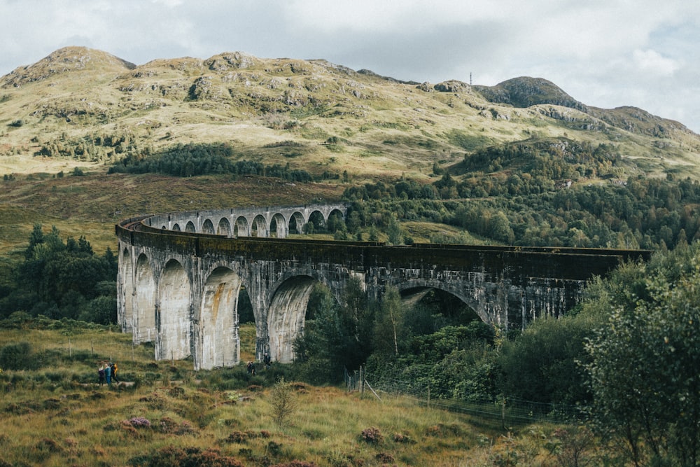 a stone bridge over a grassy hill