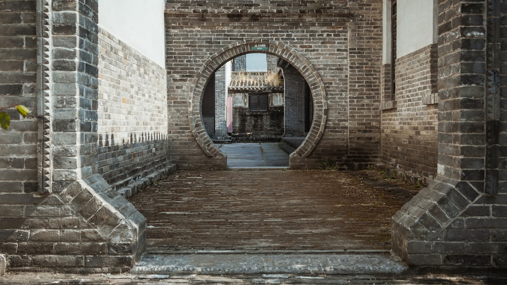 a brick building with a stone staircase