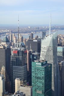 A cityscape featuring a cluster of skyscrapers with identifiable buildings displaying logos such as H&M and MetLife. The architecture is modern, characterized by glass façades and geometric designs. In the background, a river can be seen along with more distant buildings on the other side.