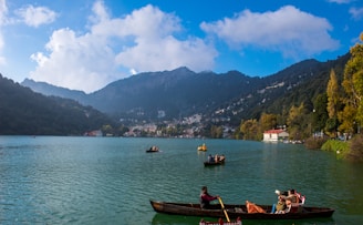 a group of people rowing boats