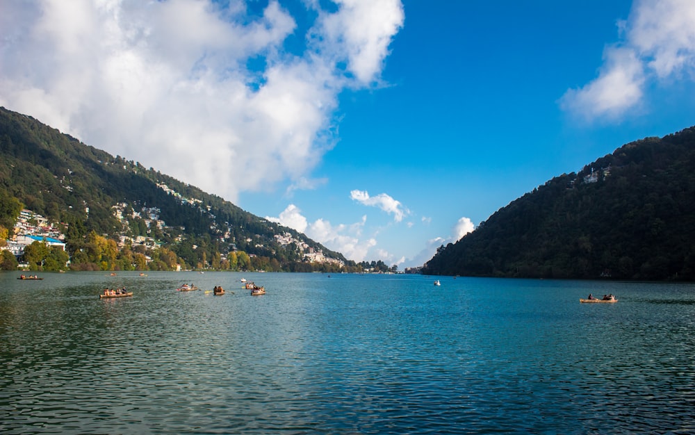 a group of boats on a lake