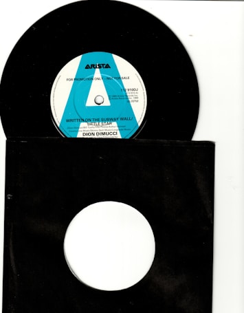 A black vinyl record with a white and blue label in the center is partially visible. The label includes text such as 'ARISTA' and 'FOR PROMOTION ONLY - NOT FOR SALE.' The record is placed inside a black sleeve with a circular cutout, revealing the label. The surrounding background is mostly white.