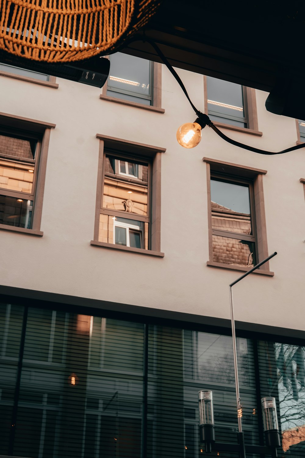 a building with windows and a light