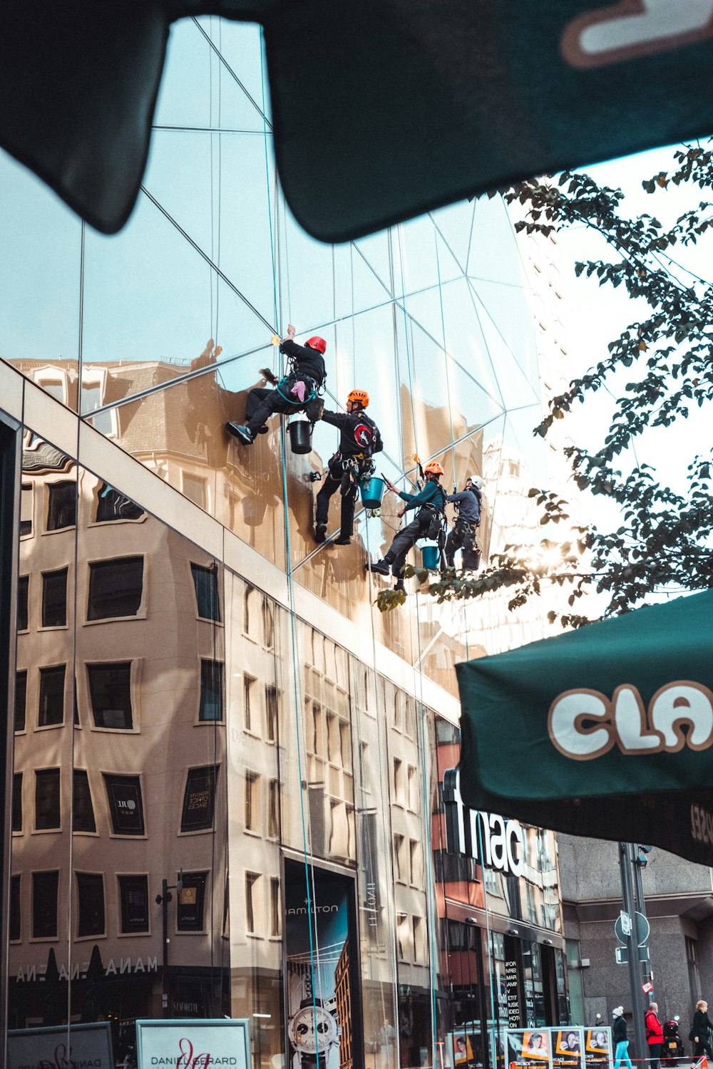 a group of people on a cable car