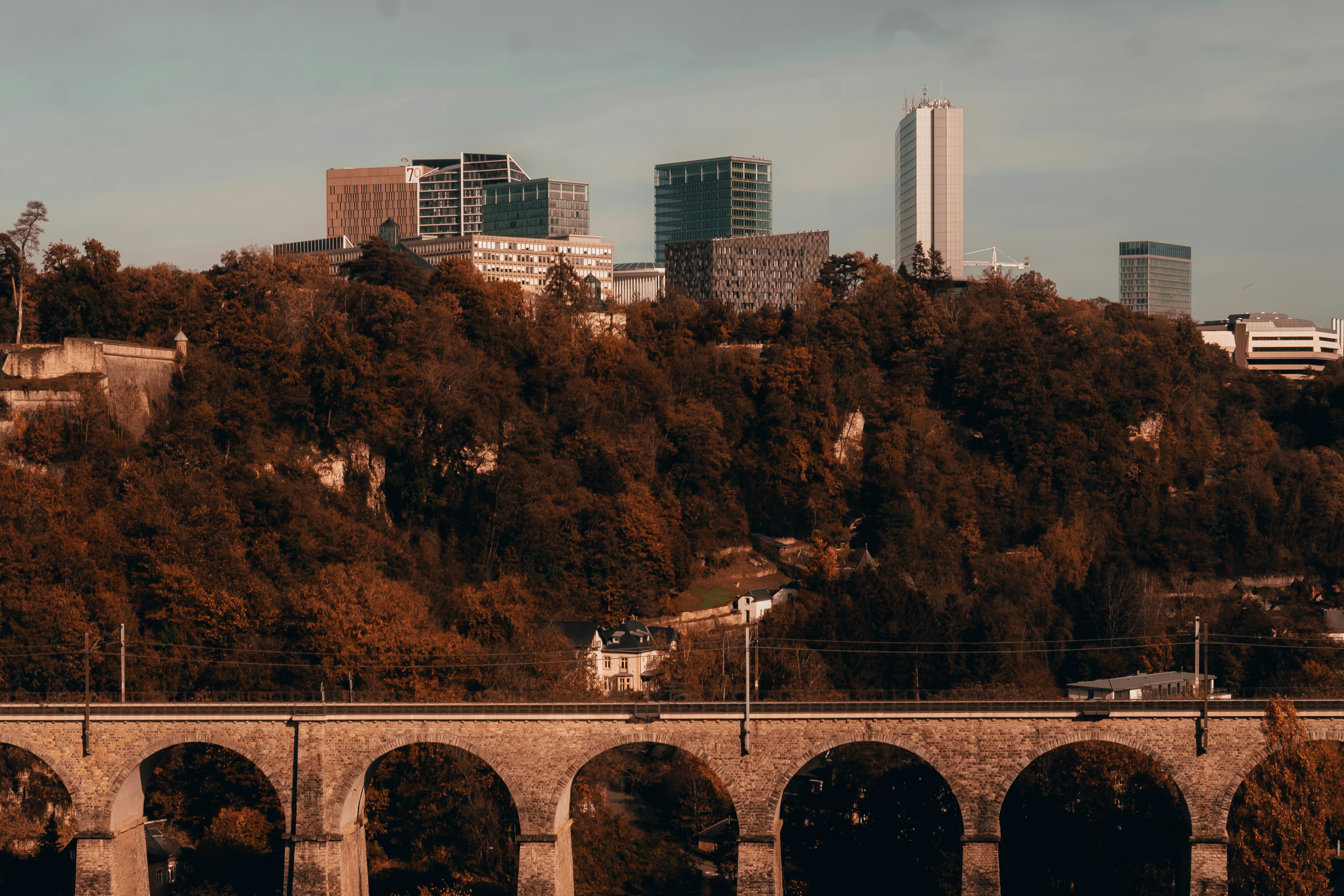 a bridge with a city in the background, 