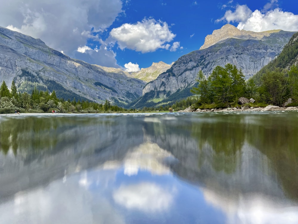 a lake with mountains in the background