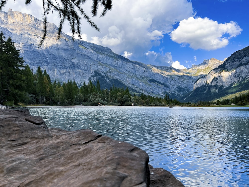 a lake with trees and mountains in the background