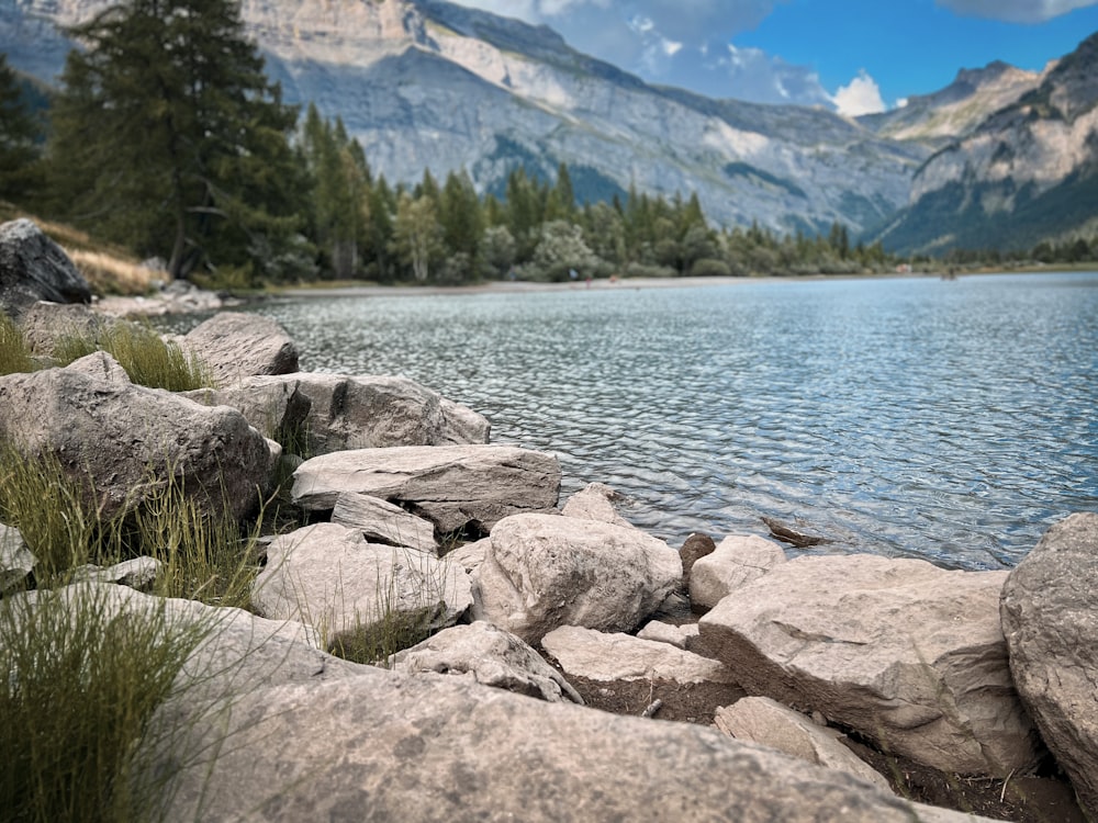 a rocky shoreline with a lake and mountains in the background