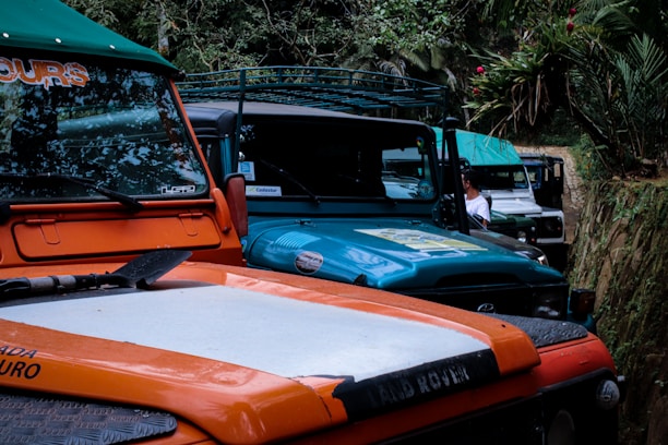 A diverse lineup of four-wheeled vehicles parked along a scenic Colombian street.