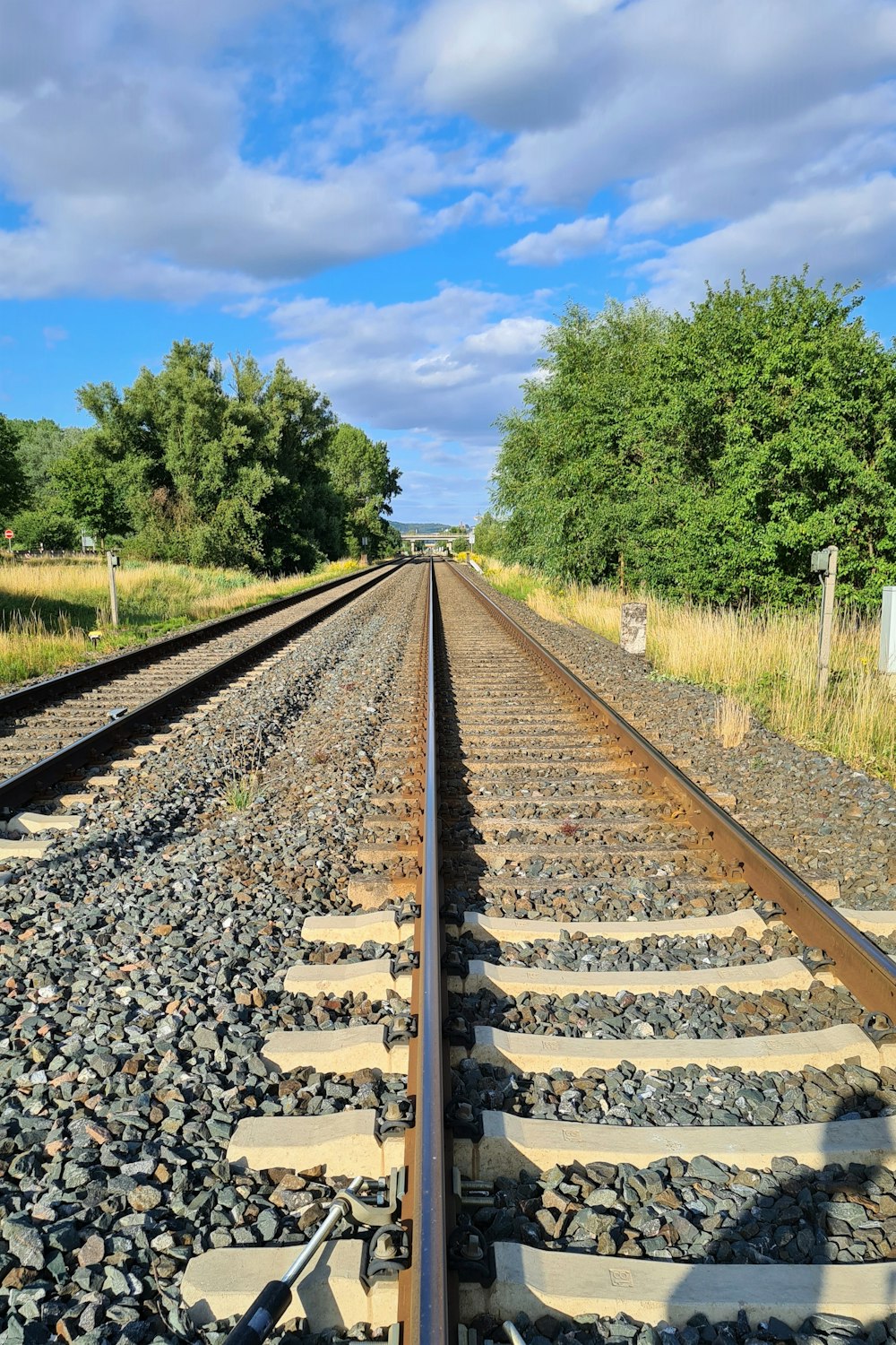 train tracks with rocks and trees