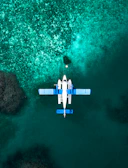 Private seaplane flying over the crystal-clear waters of the Riviera Maya coastline.