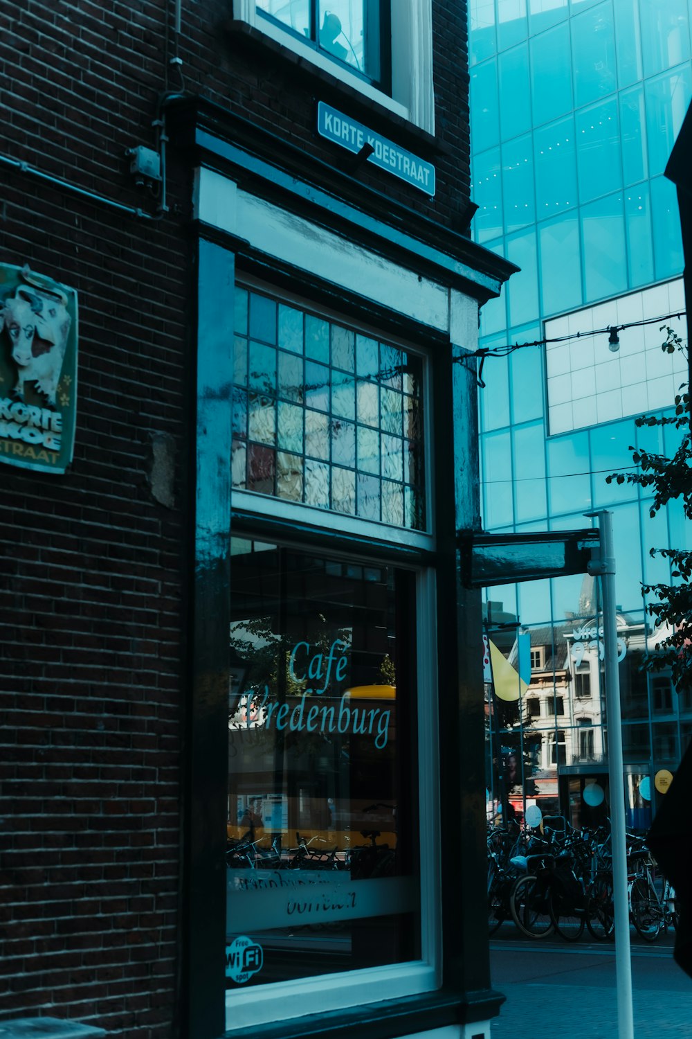 a store front with a sign on the window