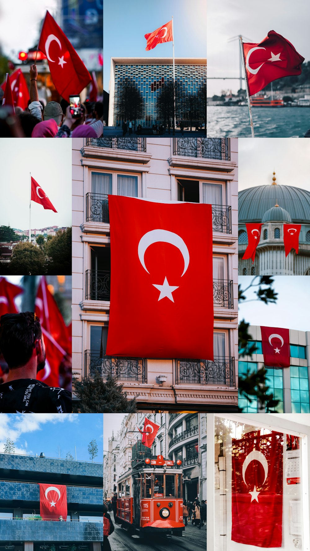 a collage of a building with flags