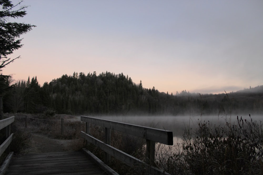 a wooden bridge over a lake