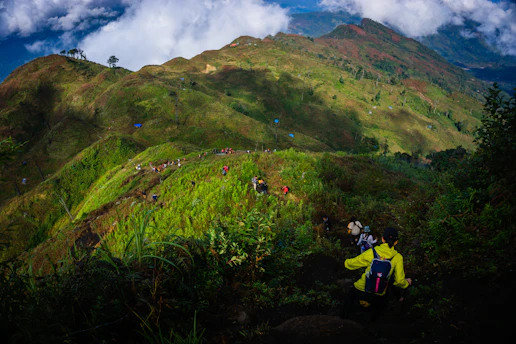 a group of people hiking up a mountain